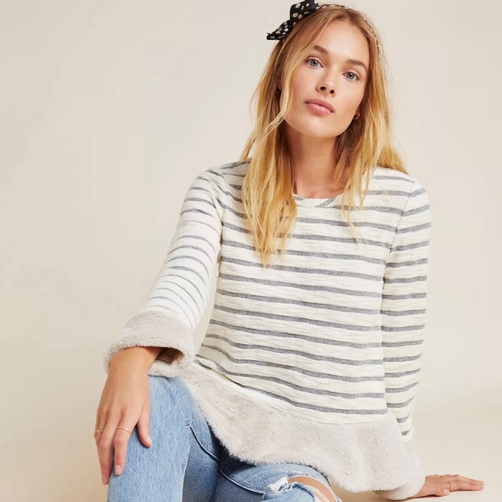 Maeve by Anthropologie Astor Faux Fur Trimmed Striped Pullover Top - Picture 2 of 12